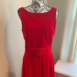Red Velvet Dress with Belt Above Knee